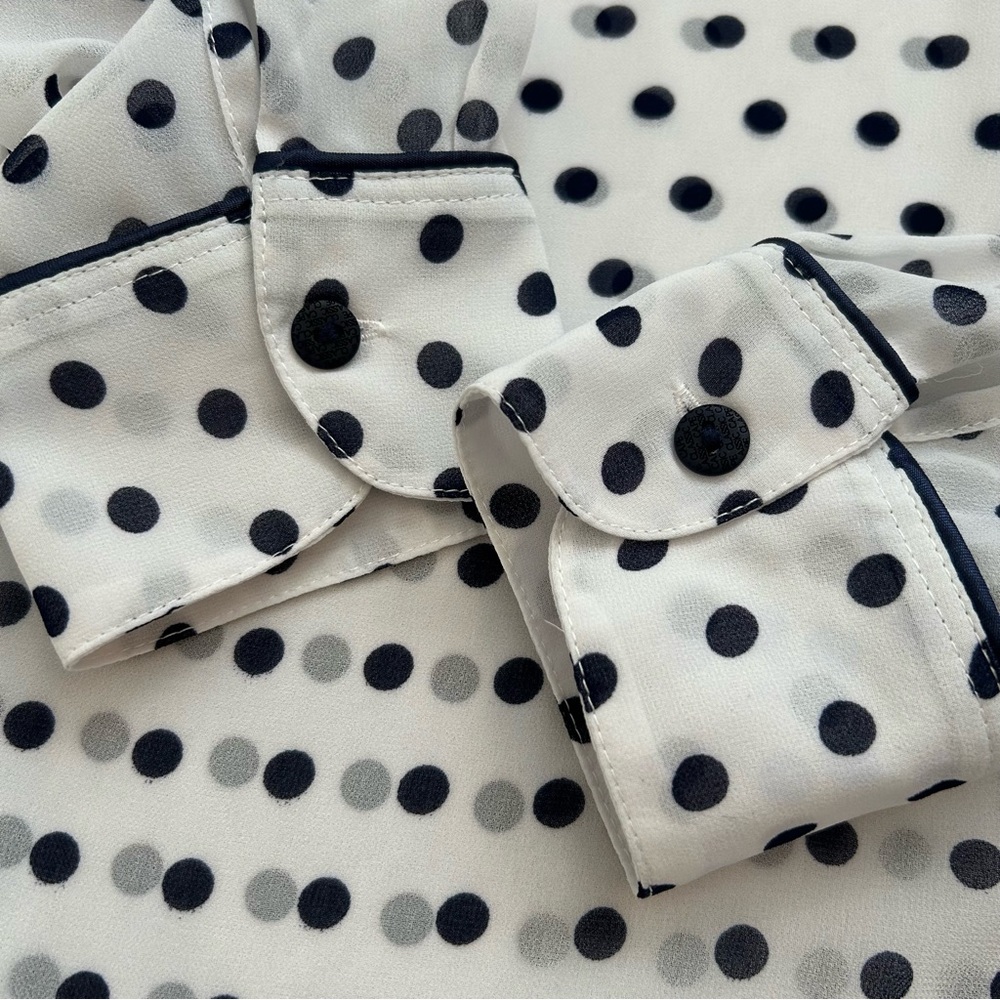 Cape Madras Sheer Polka Dot Button Up Blouse White Navy Blue Medium - Picture 6 of 10